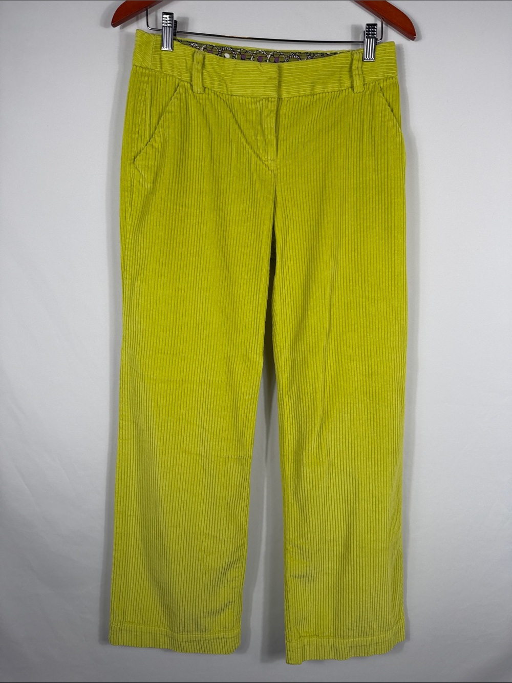 Boden Bright Lime-Green Corduroy Straight-Leg Pants. Womens Size 6 R. Cotton